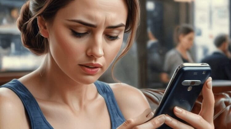 A young woman intently examines her smartphone in a busy cafe, with other patrons in the background with a communication conundrum