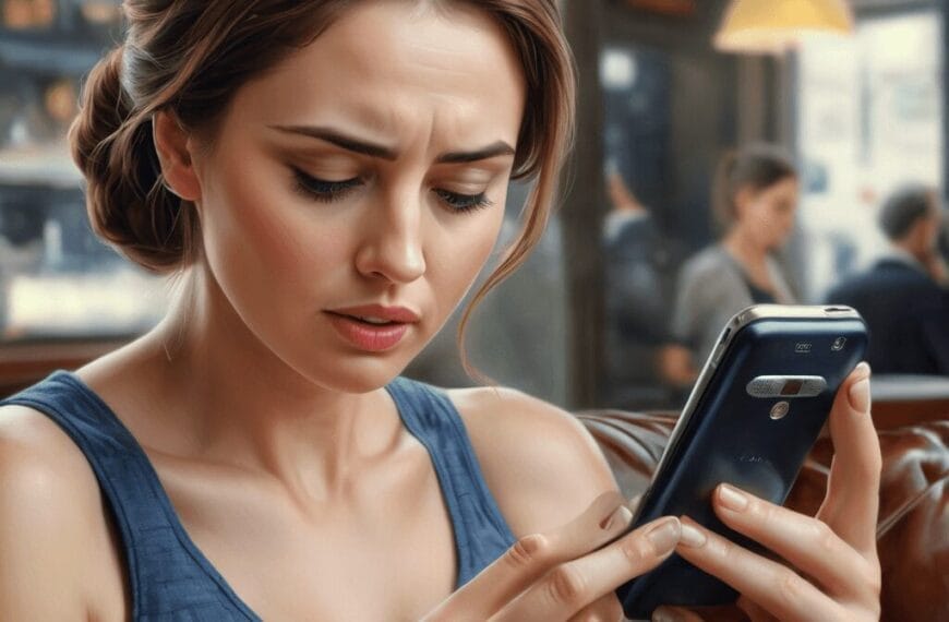 A young woman intently examines her smartphone in a busy cafe, with other patrons in the background with a communication conundrum