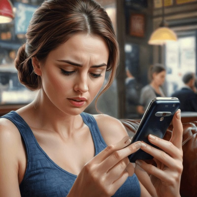 A young woman intently examines her smartphone in a busy cafe, with other patrons in the background with a communication conundrum