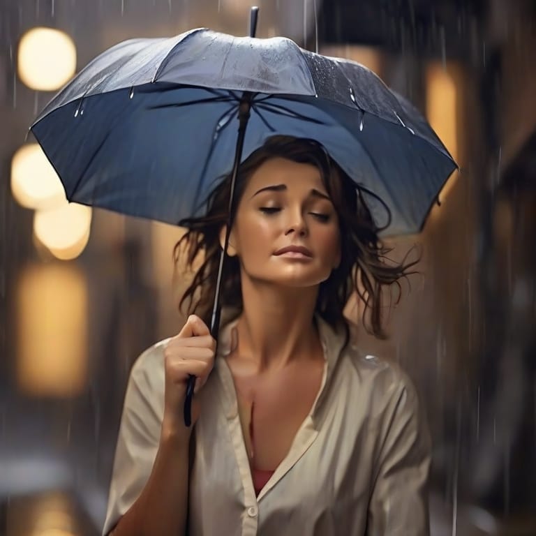 A woman holding an umbrella in the rain.