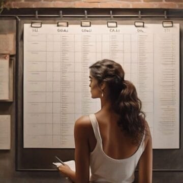 A woman with a bun examining a large wall-mounted planning board with columns labeled "goals," "pushing past limits," "cas," and "oil.
