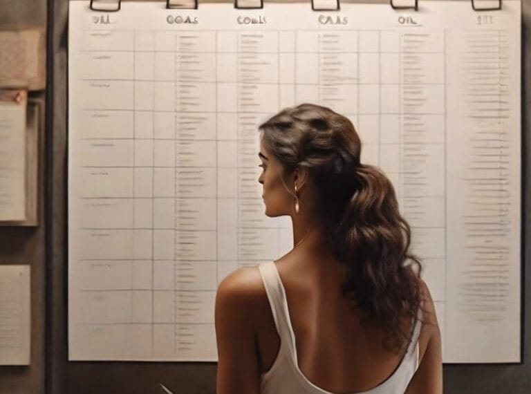 A woman with a bun examining a large wall-mounted planning board with columns labeled "goals," "pushing past limits," "cas," and "oil.