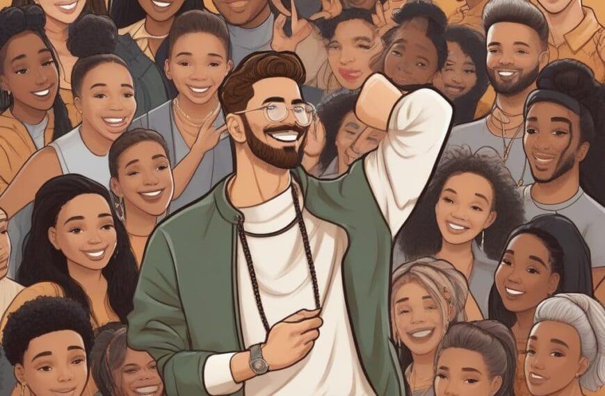 Illustration of influencers surrounding a smiling man in the center, some holding smartphones, depicted in a warm, cheerful color palette.