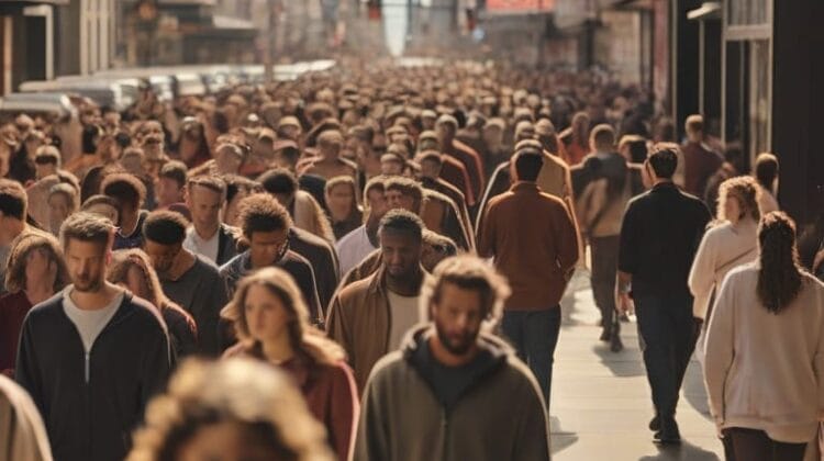 A crowded urban street filled with diverse individuals walking, captured on a sunny day with buildings visible in the background.