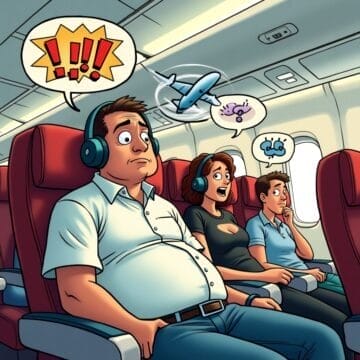 A cartoon of three worried airplane passengers with headsets, each facing travel anxieties on Life's Journey. The man in front looks anxious with exclamation marks, the woman panics about a crash, while the boy bites his nails at a stormy cloud.