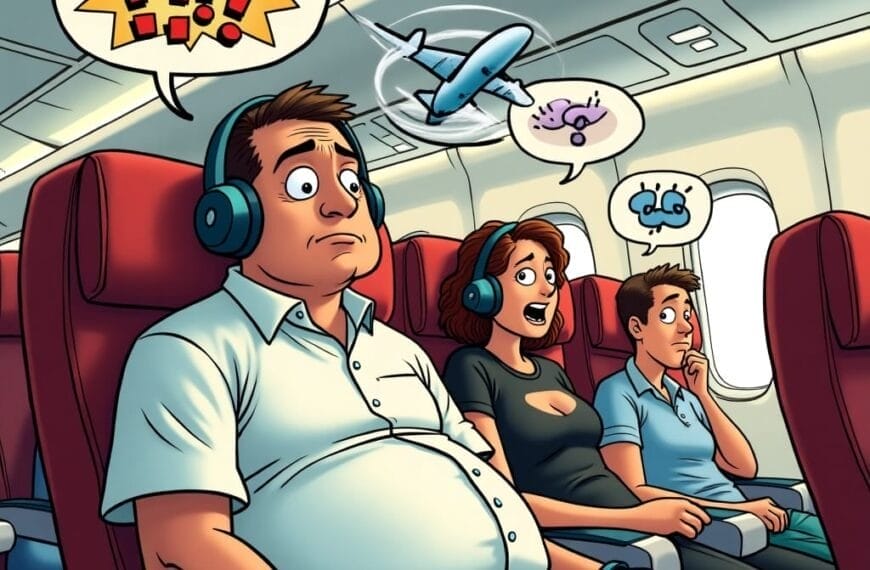 A cartoon of three worried airplane passengers with headsets, each facing travel anxieties on Life's Journey. The man in front looks anxious with exclamation marks, the woman panics about a crash, while the boy bites his nails at a stormy cloud.